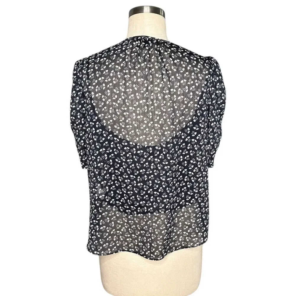 J. CREW Blue Floral Short‎ Sleeve Sheer Knit Blouse Tank Top Women's Size Small